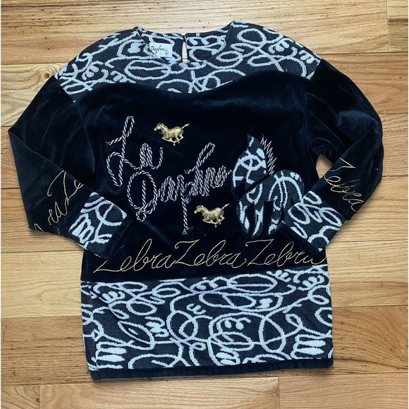Vintage La Daphne Italian Sweater. Italy Size 36. Black Zebra Velour Velvet Gold - Picture 1 of 16